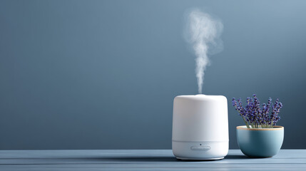 Modern white essential oil diffuser emitting vapor next to a small blue pot with lavender flowers on wooden surface against blue background