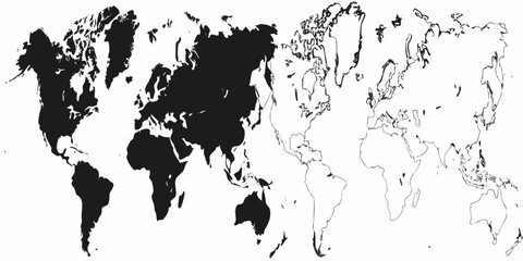 Black and white world map with continents and oceans clearly defined