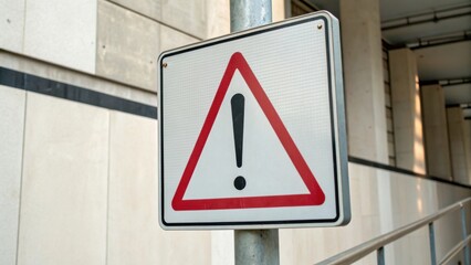 A triangular warning sign with an exclamation mark, indicating caution, mounted on a pole near a modern building.