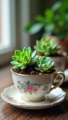 Miniature succulents in vintage teacups, home decor, green, plants