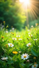 Lush green meadow bathed in sunlight, wildflowers blooming , sunshine, verdant