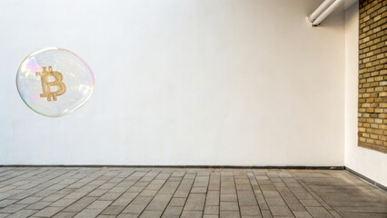 A golden Bitcoin symbol is encased in a colorful bubble against a minimalist wall, creating a juxtaposition of finance and whimsy.
