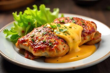 Juicy chicken, flavorful ham, rich cheese sauce, dish, cutlery