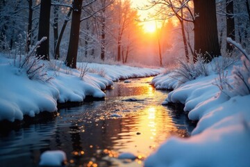 Late afternoon sun illuminates a frozen February stream , shadow, february
