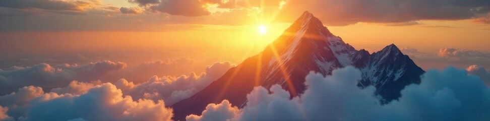 Golden sun rays pierce surreal cloud layer, illuminating mountain peak , image, beauty