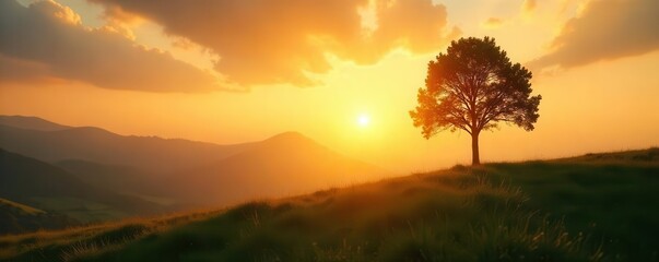 Golden sunlight crests over horizon, bathing tiny tree in warm glow , golden hour, image