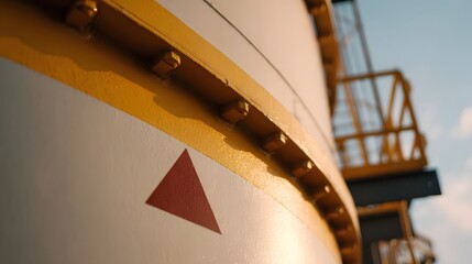 Close up of a large industrial tank segment with a yellow band bolts and a red warning triangle illuminated by sunlight
