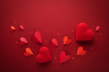 Hearts for Valentine Day red greeting card top view. Festive background for romantic celebration, dating and invitation template.