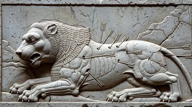 Ancient stone relief carving of a winged lion guardian on temple wall with mythical presence.