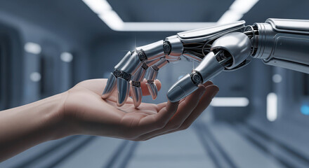Human hand interacting with a robot hand. Future technology convergence. Artificial intelligence and advanced medicine in space.