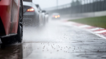 Fototapeta premium Cars navigate a wet race track, tires kicking up spray. The slick conditions require extra caution, testing driver skills and car performance. The race continues despite the downpour.