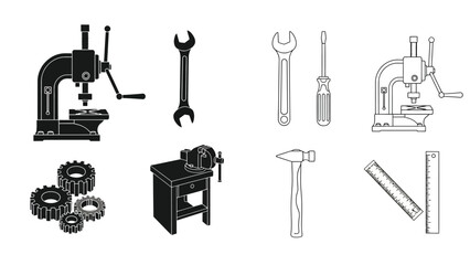 Collection of black and white tools and workshop equipment illustrations
