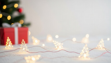 Christmas Tree Lights Decoration on Table against Christmas Present and Lit Christmas Tree