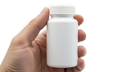 Hand holding white pill bottle isolated on transparent background