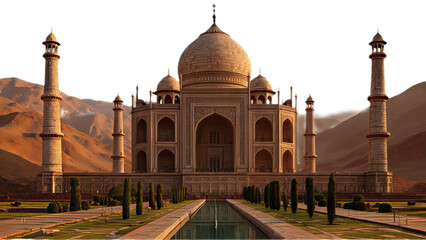 The iconic Taj Mahal mausoleum in India, featuring its grand dome, minarets, and reflective pool, set against a backdrop of warm-toned mountains.