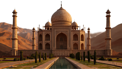 The iconic Taj Mahal mausoleum in India, featuring its grand dome, minarets, and reflective pool, set against a backdrop of warm-toned mountains.
