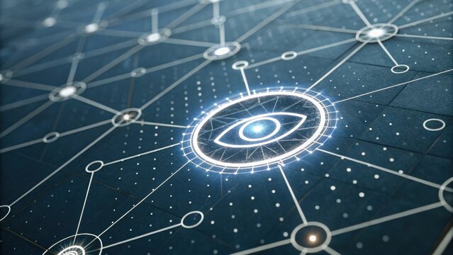 A futuristic digital network design featuring an eye symbol at the center, connected by glowing nodes and lines on a dark background. - Powered by Adobe
