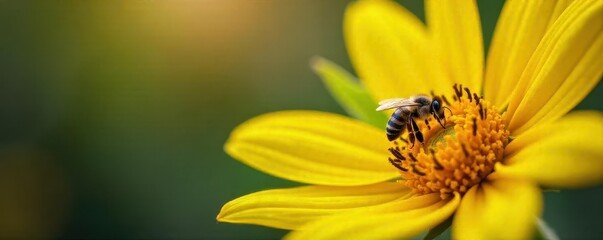 Busy honeybee collecting pollen from a bright yellow sunflower , wildlife, bee