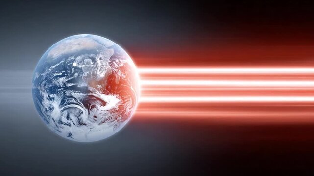 Earth's Global Warming: An artistic rendering of Earth's climate predicament, with the globe highlighted and affected by ominous red energy beams, symbolizing the urgent need for climate action.