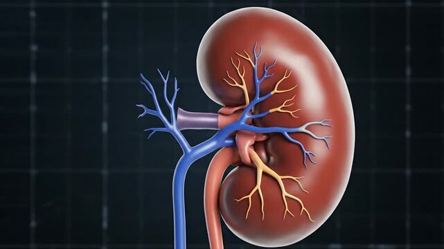 Detailed anatomical 3D rendering of a healthy human kidney, highlighting its vital structures including the renal artery, vein, and ureter for medical and educational contexts