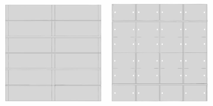 Arrangement of gray lockers in a grid pattern side by side view