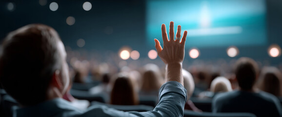 Audience member raising hand in a large conference or seminar with blurred background and stage lighting