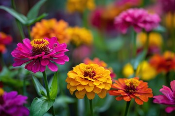 Obraz premium Vibrant colorful zinnia flowers blooming in a lush garden setting under natural light