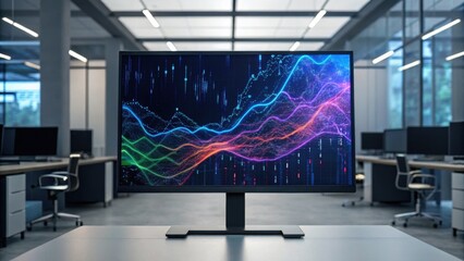A sleek monitor displays colorful data visualizations in a modern office setting, showcasing trends and analytics.