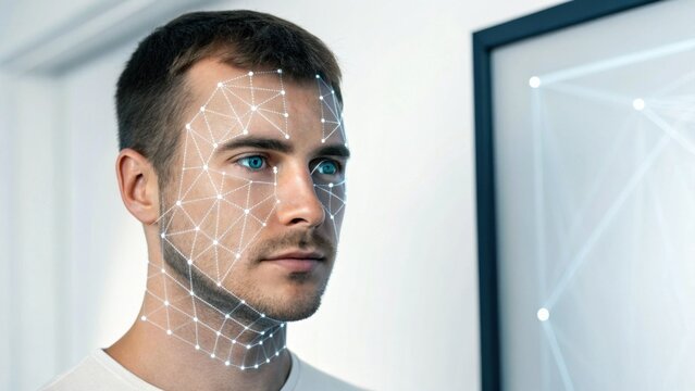 A man with a digital facial recognition overlay stands in front of a geometric wall art, showcasing technology and modern aesthetics. - Powered by Adobe