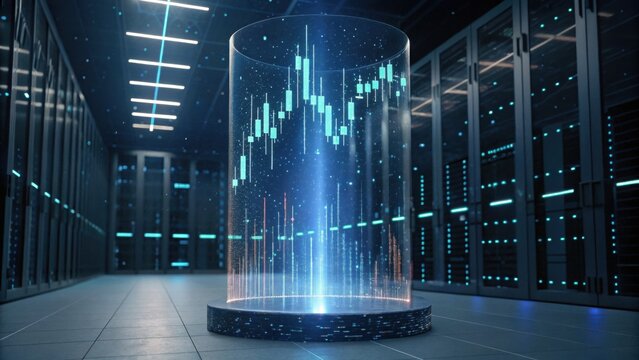 A futuristic data visualization of stock market trends displayed in a transparent cylinder within a high-tech server room. - Powered by Adobe