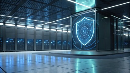 A high-tech server room featuring illuminated data storage units and a holographic security shield, emphasizing cybersecurity.