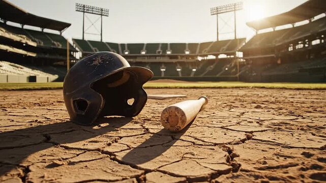 Baseball Gear on Cracked Field - A Day at the Ballpark.