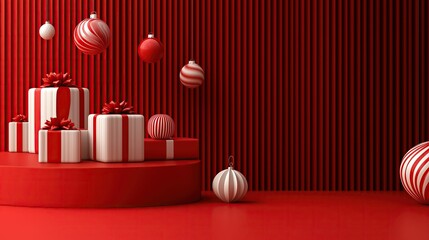 Red and white Christmas background with a podium, gift boxes, and balls for New Year product presentation mockup and decoration.