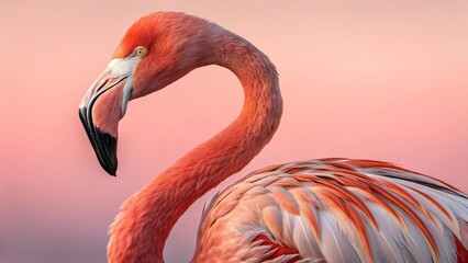 Close up profile of a vibrant pink flamingo against a soft pastel sky