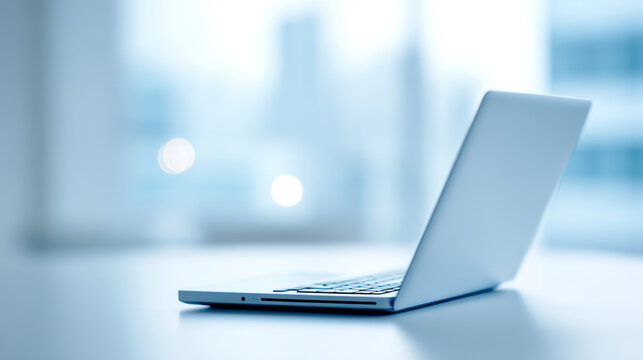 Sleek modern laptop computer partially open on reflective surface with blurred background in cool blue tones