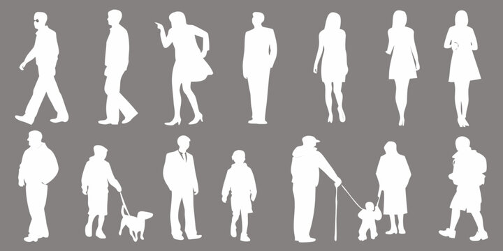 Silhouettes of diverse people in various poses and everyday activities