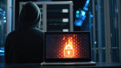 A hooded figure sits in front of a laptop displaying a locked padlock icon on a brick wall, symbolizing cybersecurity threats and data protection.