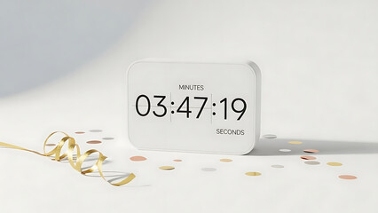 A white digital timer displaying 03:47:19, surrounded by festive gold ribbon and metallic confetti on a bright surface, suggesting a countdown or celebration.