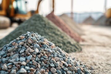 Close-up of various gravel piles on construction site with blurred machinery in background