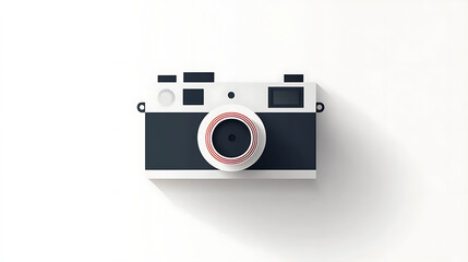 A retro-style camera illustration in black, white, and red. The minimalist design casts a soft shadow on a clean white background, ideal for photography themes and creative visuals.