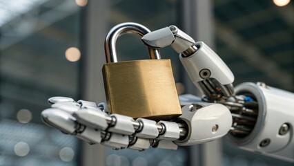 A robotic hand holds a padlock, symbolizing the intersection of technology and security in modern society.