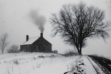 A snow-dusted farmhouse during early winter, smoke rising from a stone chimney and bare trees outlining the horizon 