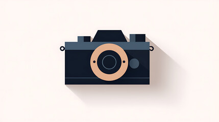 Fototapeta premium An illustration of a flat design camera. The camera is dark blue with a peach-colored lens, on a light pink background with a long shadow. A vintage style camera for photography.