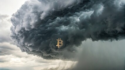 A powerful storm cloud looms with a Bitcoin symbol, symbolizing economic volatility and the intersection of weather and cryptocurrency.