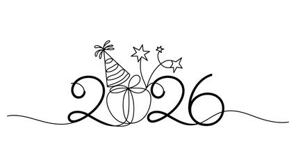 Minimal 2026 new year hand drawn line art typography with fireworks celebration design isolated on white background © muhammad