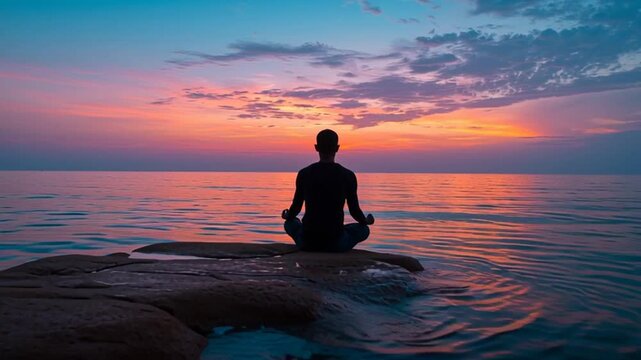 silhouette of a person meditating by the ocean at dawn