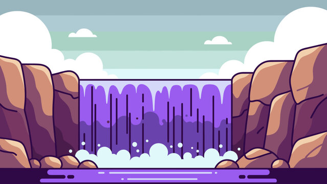 Purple Waterfall Between Rocky Cliffs in a Cartoon Style.