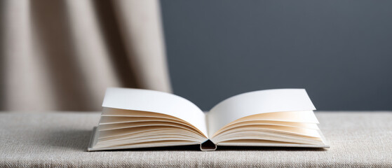 Open blank book with white pages lying on textured fabric surface against neutral background in soft natural light