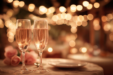 Two elegant champagne glasses filled with sparkling wine on romantic table setting with soft bokeh lights and pink roses create dreamy valentine day atmosphere for couples