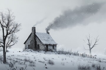 A snow-dusted farmhouse during early winter, smoke rising from a stone chimney and bare trees outlining the horizon 